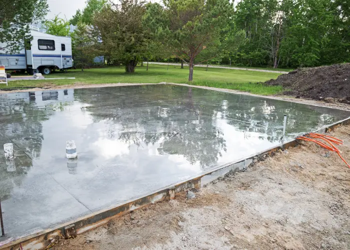 A concrete foundation with an RV close by